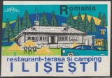 Romania anii 60-70 - Vigneta cartonata Restaurant-terasa si Camping ILISESTI (judetul Suceava), eticheta hoteliera CentroCOOP, promovare turistica