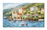 Tablou pictat manual living, dormitor, Peisaj lacul Como, 100x60cm ulei pe panza in cutit efect 3D, gata de expus pe perete