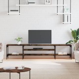 Comoda TV vidaXL Stejar Afumat 201 cm, Lemn &amp; Fier, Stil Industrial, 2 Rafturi, Suport TV