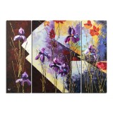 Set 3 tablouri pictat manual, Irisi si maci, 120x90cm ulei pe panza in cutit efect 3D, gata de agatat pe perete