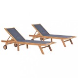 Set 2 Șezlonguri Pliabile vidaXL, Lemn Tec, Textilenă, Roți, Spătar Reglabil, 206x60x35cm, Exterior, Grădină, Terasă