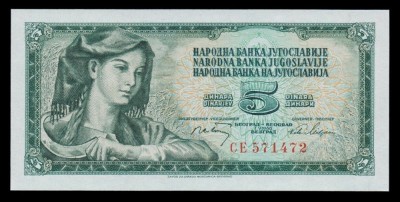 IUGOSLAVIA █ bancnota █ 5 Dinara █ 1968 █ P-81a █ UNC █ foto