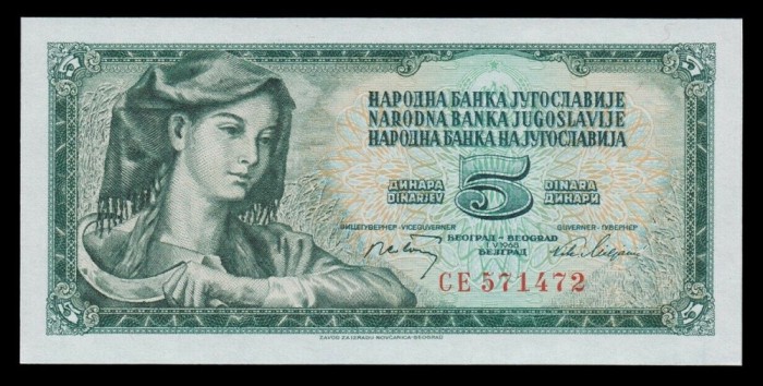 IUGOSLAVIA █ bancnota █ 5 Dinara █ 1968 █ P-81a █ UNC █