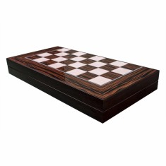 Joc de table din lemn lacuit 50x50 cm, abanoz, cu 30 piese si 2 zaruri