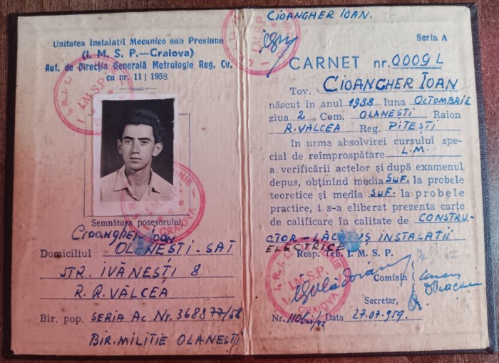 QW13 19 - 1959 - Diploma absolvire - Carnet lucrator - Constructor - Lacatus instalatii