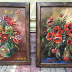 doua tablouri florale-ulei pe panza