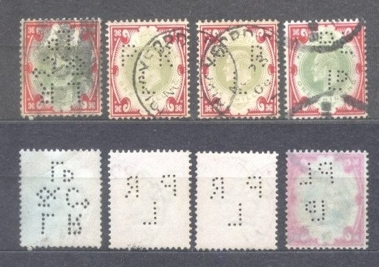 Great Britain 1902 4 x King Edward VII 1Sh Mi.114A various perf. used AM.279
