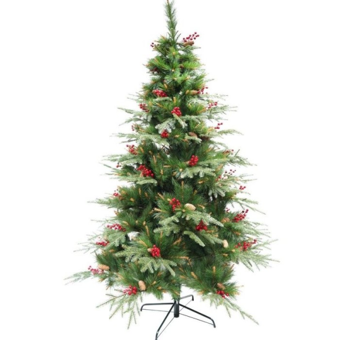 Brad Artificial, eMazing Decorat cu Conuri Pin, Merisoare si Suport Metalic, Inaltime 150cm, diametru 104, 323 ramuri