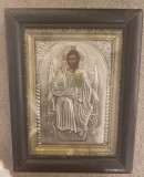 Icoană veche, alpaca cu ramă dublă, 13x18 cm Iisus Judecatorul pe tron