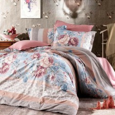 Lenjerie de pat pentru o persoana cu husa elastic pat si fata perna dreptunghiulara, Pastel, bumbac ranforce, gramaj tesatura 120 g/mp, multicolor