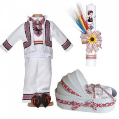 Set botez popular baietel, trusou botez landou, lumanare si costum national,