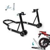 Stander Moto Spate pentru Motocicleta, Suport Ridicare si Mentenanta, Reglabil 240-370 mm, Capacitate 450 kg, Adaptoare L si U, Roti 72 mm, Otel, Negr
