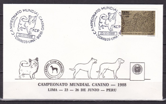 Peru 1988 caini campionat mondial plic cu stampila speciala