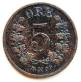 Norvegia 5 ORE 1876 moneda bronz km # 349 tiraj mic regele Oscar II