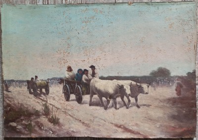 Tarani cu carutele pe drum de tara// ulei pe carton, semnat indescifrabil foto