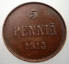 C.211 FINLANDA NIKOLAI II 5 PENNIA 1915, Europa, Cupru (arama)