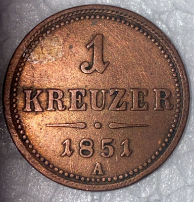 1 KREUZER 1851,,A&amp;quot;, IMPERIUL HABSBURGIC/ MONEDA CUPRU/5,4 g si 22,5mm. foto