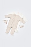 Cumpara ieftin Set 2 salopetele cu maneca lunga si pantaloni lungi cu botosei - 100%bumbac organic - Crem cu buline, BabyCosy (Marime: 6-9 luni)