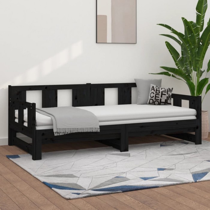 Gossi pat extensibil de zi, negru, 2x(90x190) cm, lemn masiv pin
