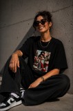 Tricou dama negru din bumbac cu imprimeu fetita cu rochie cu tesaturi mixte