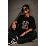 Tricou dama negru din bumbac cu imprimeu fetita cu rochie cu tesaturi mixte