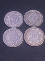 Lot 4 monede, 20 rappen 1900 + 1901 + 1902 + 1903 stare EF/EF+/aUNC (poze). Discount conform descriere [10 - 20 %. Vezi descrierea.].