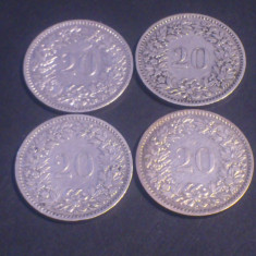 Lot 4 monede, 20 rappen 1900 + 1901 + 1902 + 1903 stare EF/EF+/aUNC (poze)