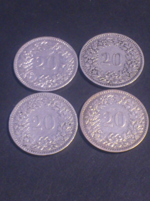 Lot 4 monede, 20 rappen 1900 + 1901 + 1902 + 1903 stare EF/EF+/aUNC (poze) foto