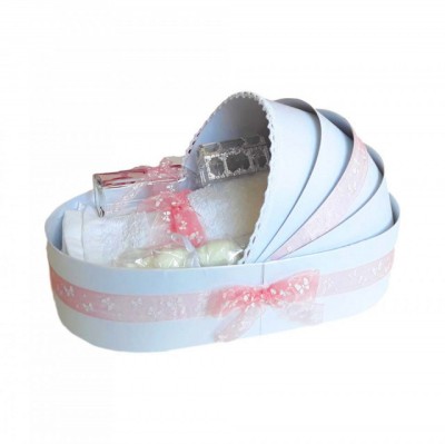 Trusou botez complet, in landou, decor cu fundita dusty rose cu fluturasi foto