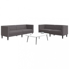vidaXL Set canapele Chesterfield cu 2 locuri, gri, piele eco.