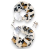 Cătușe pufoase B-SERIES Furry Cuffs, pentru jocuri erotice BDSM, din metal cu blană artificială, design leopard cu argintiu