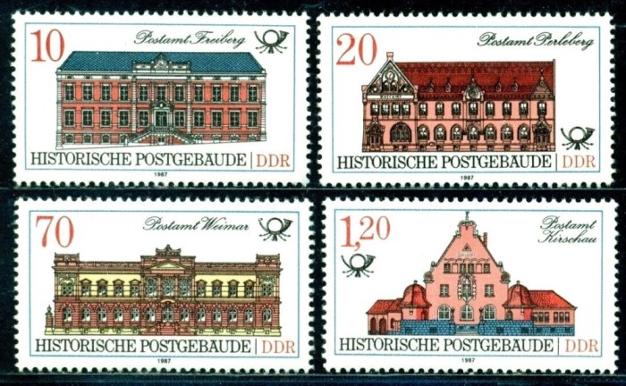 DDR 1987 - Clădiri vechi de posta, arhitectura, serie neuzata