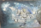 H512-G-Tablou vechi pictor timisorean Ciprian Radovan 1968- INCEPUTURI pe placaj notat spate marimi: 100/70 cm. TRANSPORT CARGUS, EXCLUS FANBOX.