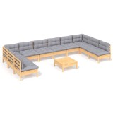 Set mobilier gradina cu perne, 11 piese, gri, lemn masiv pin