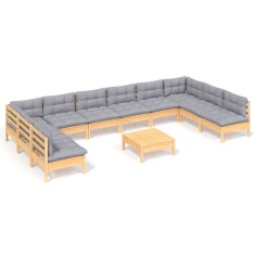 Set mobilier gradina cu perne, 11 piese, gri, lemn masiv pin