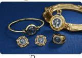 Cumpara ieftin Set Bijuterii Vintage din Argint 925 Placat cu Aur , Replica Moneda Antica Arsinoe II (Pandantiv, Bratara, Inel, Cercei)