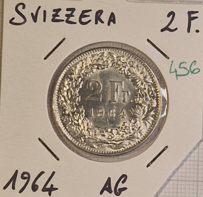 456 Elvetia, Switzerland 2 Francs 1964, KM#21, excelenta, Argint foto