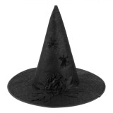 Pălărie Halloween, Model Vrajitoare, Trandafir Glitter și Păianjeni, Negru, Poliester, 44x40cm