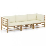 Gossi set mobilier de gradina, cu perne alb crem, 3 piese, bambus