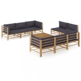 VidaXL Set mobilier de grădină, 9 piese, perne gri &icirc;nchis, bambus