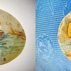3913-2 Aplice mici pictura tema marina LIEBEHART B. Ulei pe sidef.