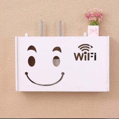 Raft pentru router wi-fi, cu prindere pe perete, din lemn, pentru mascare echipamente si fire, lungime 25 cm, alb