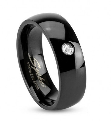 Inel negru din oțel, brațe lucioase rotunjite, zirconii transparente, 6 mm - Marime inel: 49 foto