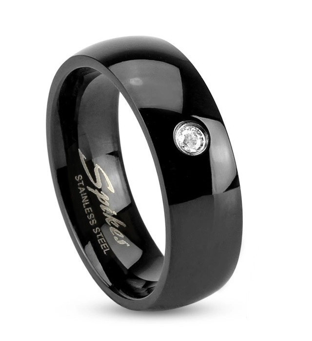 Inel negru din oțel, brațe lucioase rotunjite, zirconii transparente, 6 mm - Marime inel: 49