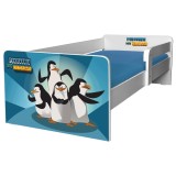Pat pentru copii Pinguini, cu protectie laterala detasabila, Pal melaminat, margini rotunjite, 2-8 ani, 144x76x45 cm, alb albastru