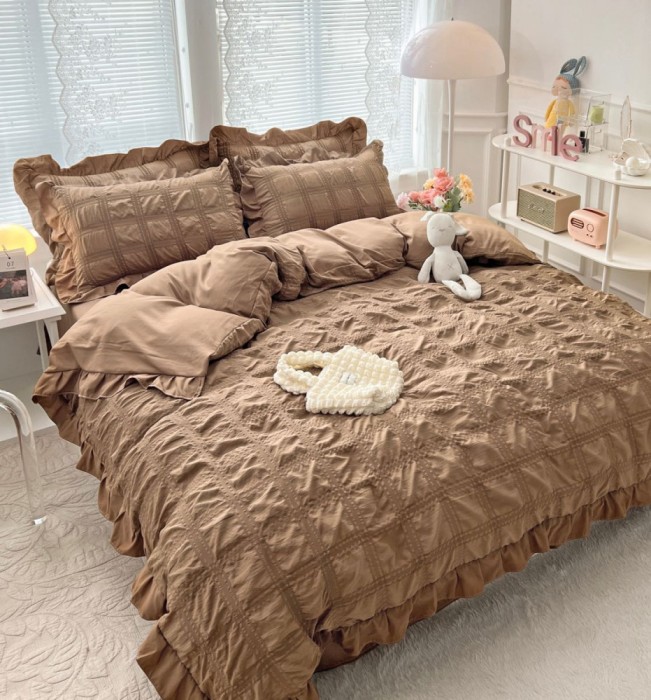 Lenjerie pat dublu creponata,bumbac finet,6 piese,maro-A880