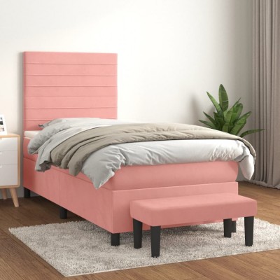 Gossi pat box spring cu saltea, roz, 90x200 cm, catifea foto