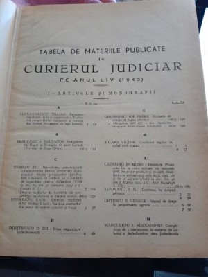 Tabela de Materiile Publicate in Curierul Judiciar pe anul LIV (1945) foto