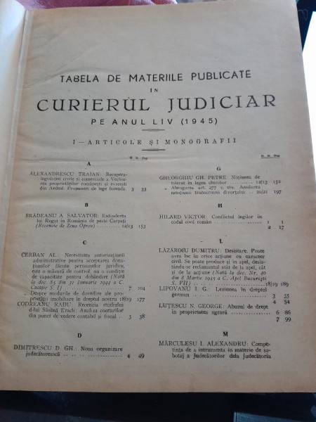 Tabela de Materiile Publicate in Curierul Judiciar pe anul LIV (1945)