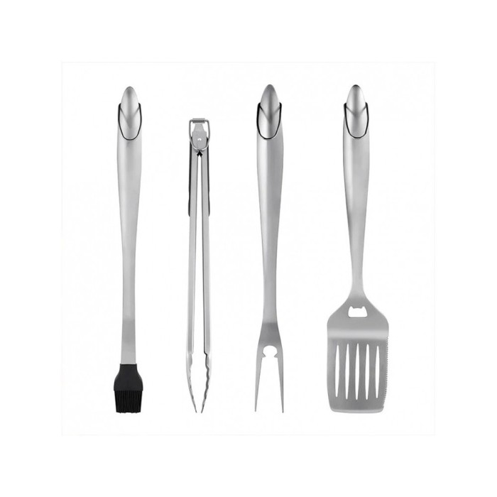 Set 4 ustensile pentru gratar flippy, din otel inoxidabil, cu agatatoare, rezistente la temperaturi ridicate, argintiu